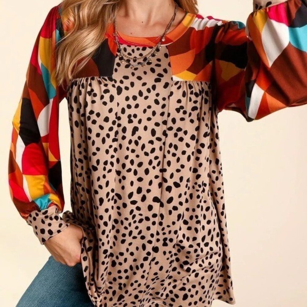 Artsy Geometric Animal Print Top Women Size large Long Sleeve Colorful Boho - Picture 10 of 16